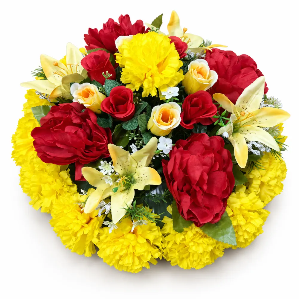 Artificial Floral Memorial Posy — Yellow with Red Peony