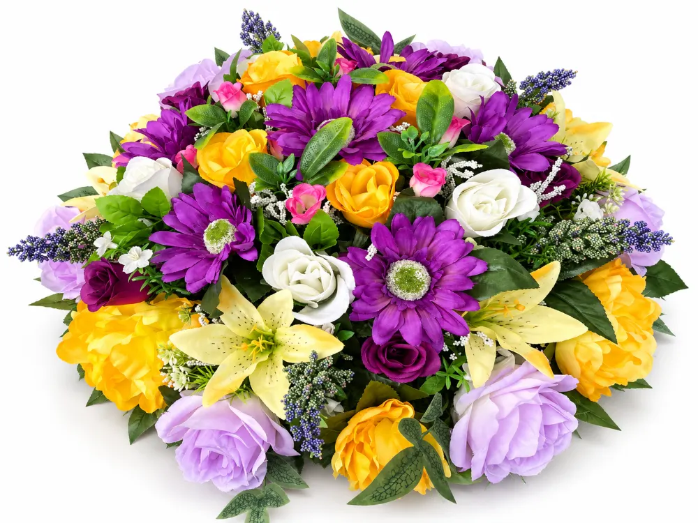 Artificial Floral Round Memorial Wreath — Purple & Yellow