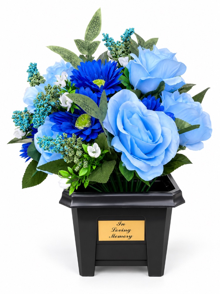 Large Artificial Floral Memorial Pot — Blue