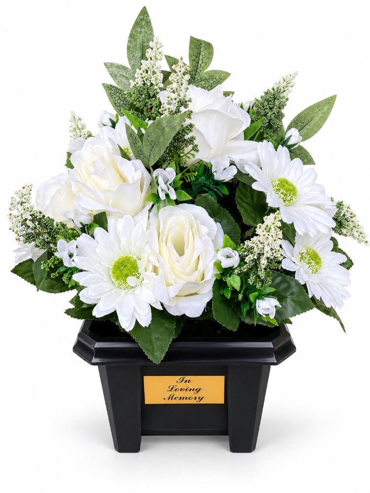 Large Artificial Floral Memorial Pot — White