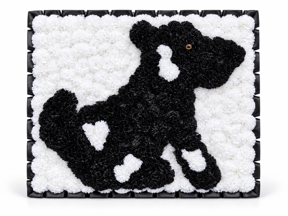 Artificial Floral Pet Tribute · Black puppy with white patches on a white frame