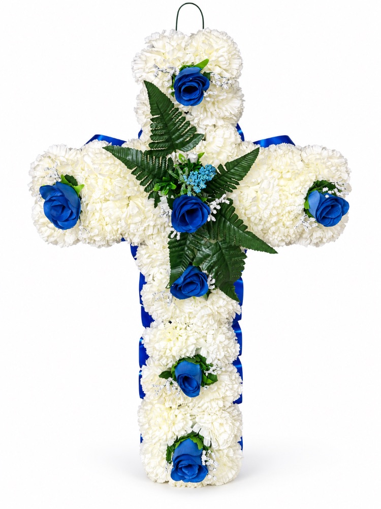 Artificial Floral Memorial Cross — Blue