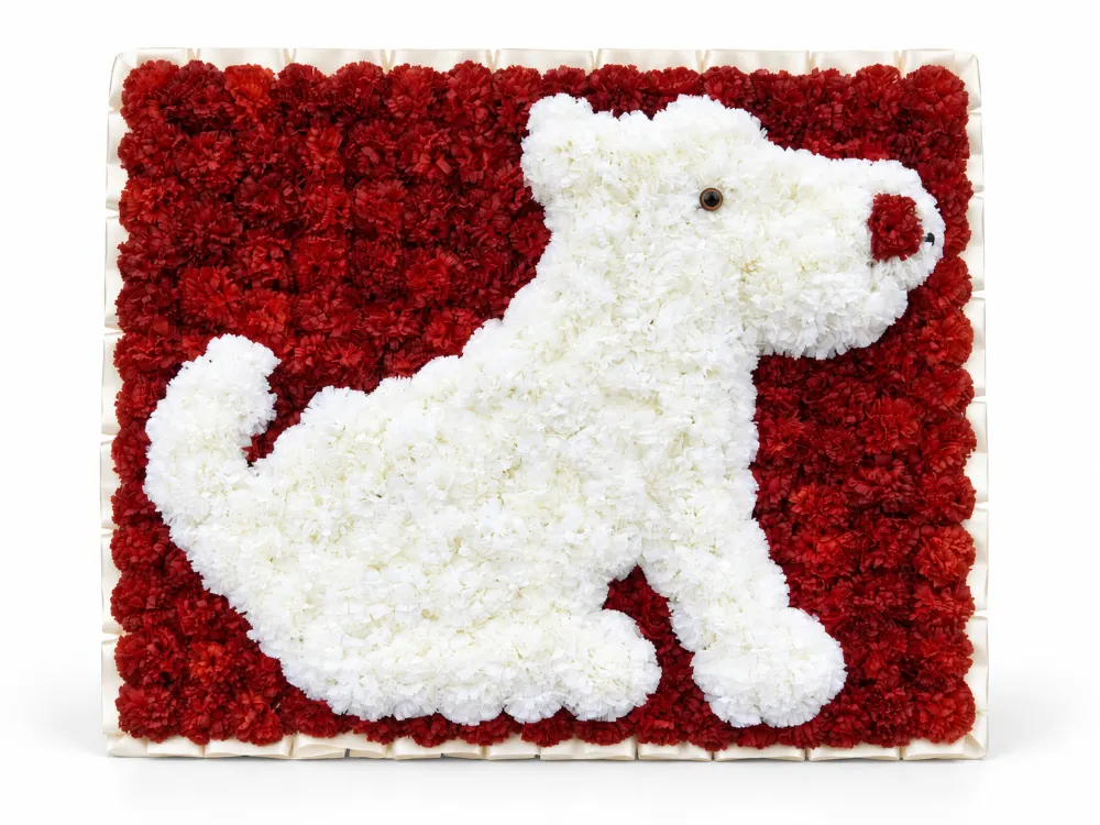 Artificial Floral Pet Tribute · Burgundy frame - white dog with red muzzle patch