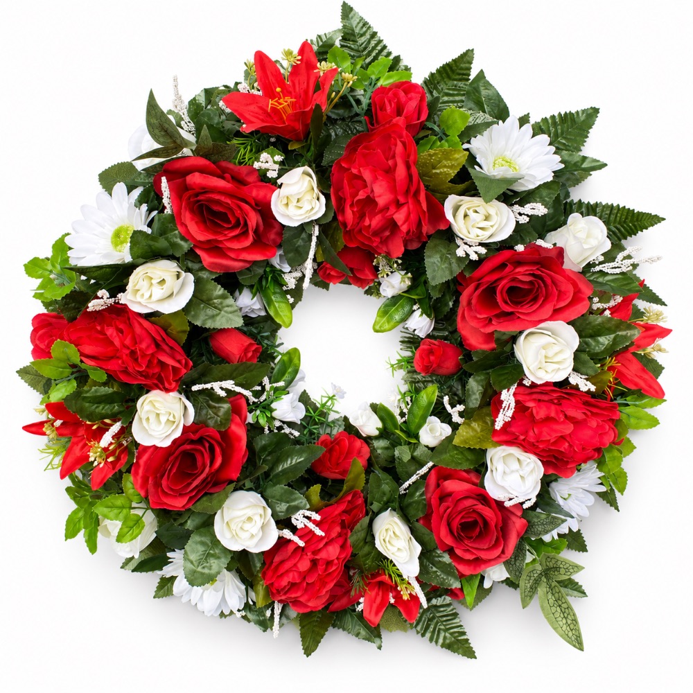 Artificial Floral Open Memorial Wreath — Red & White