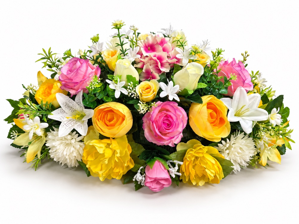 Artificial Floral Memorial Spray — Pink & Yellow