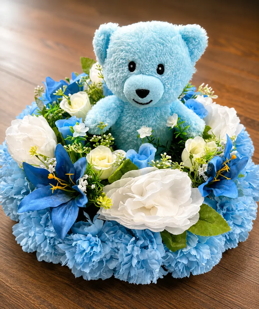 Artificial Floral Memorial Posy with Teddy — Blue