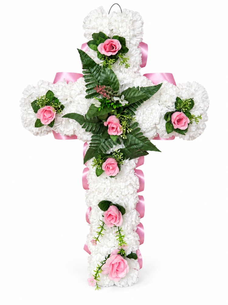Artificial Floral Memorial Cross — Baby Pink
