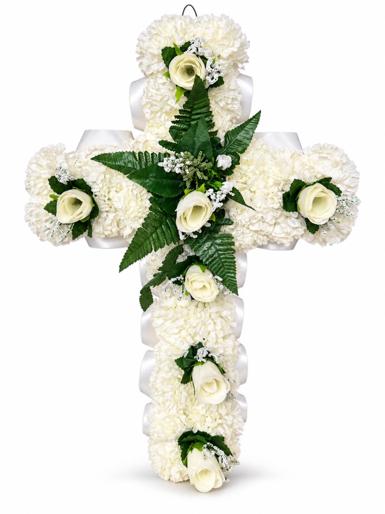 Artificial Floral Memorial Cross — White