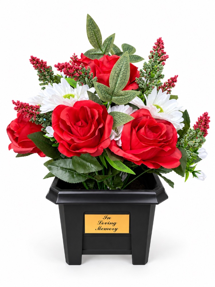 Large Artificial Floral Memorial Pot — Red