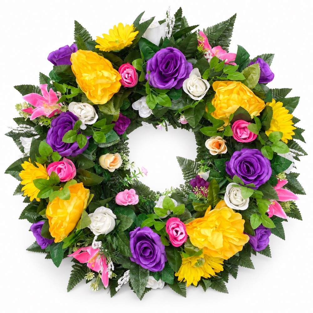 Artificial Floral Open Memorial Wreath — Yellow & Purple