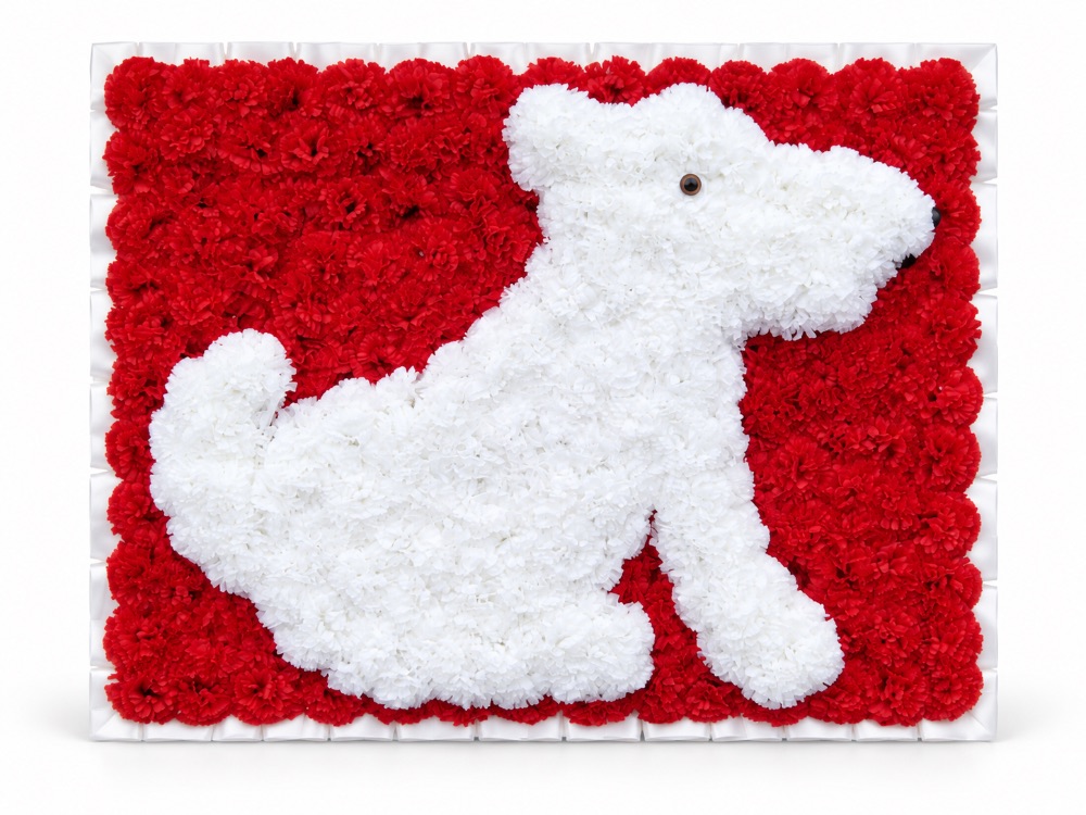 Artificial Floral Pet Tribute · White puppy in bright red frame
