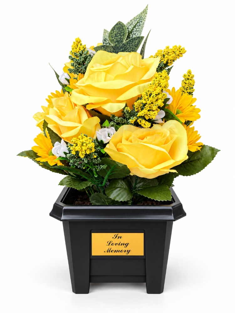 Large Artificial Floral Memorial Pot — Yellow