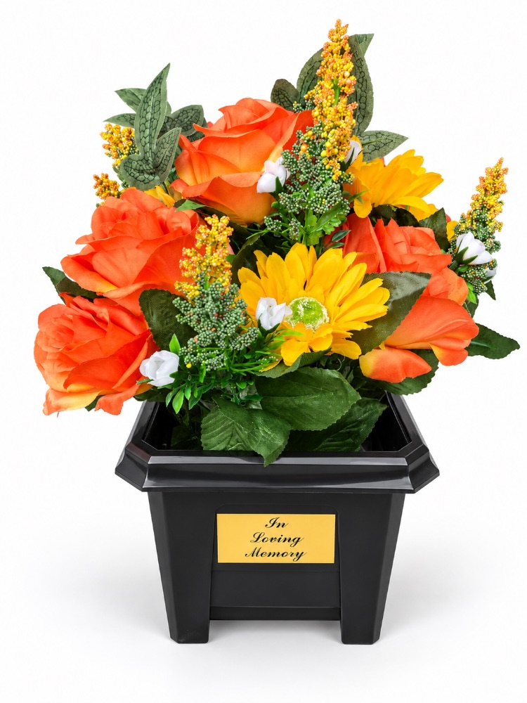 Large Artificial Floral Memorial Pot — Orange