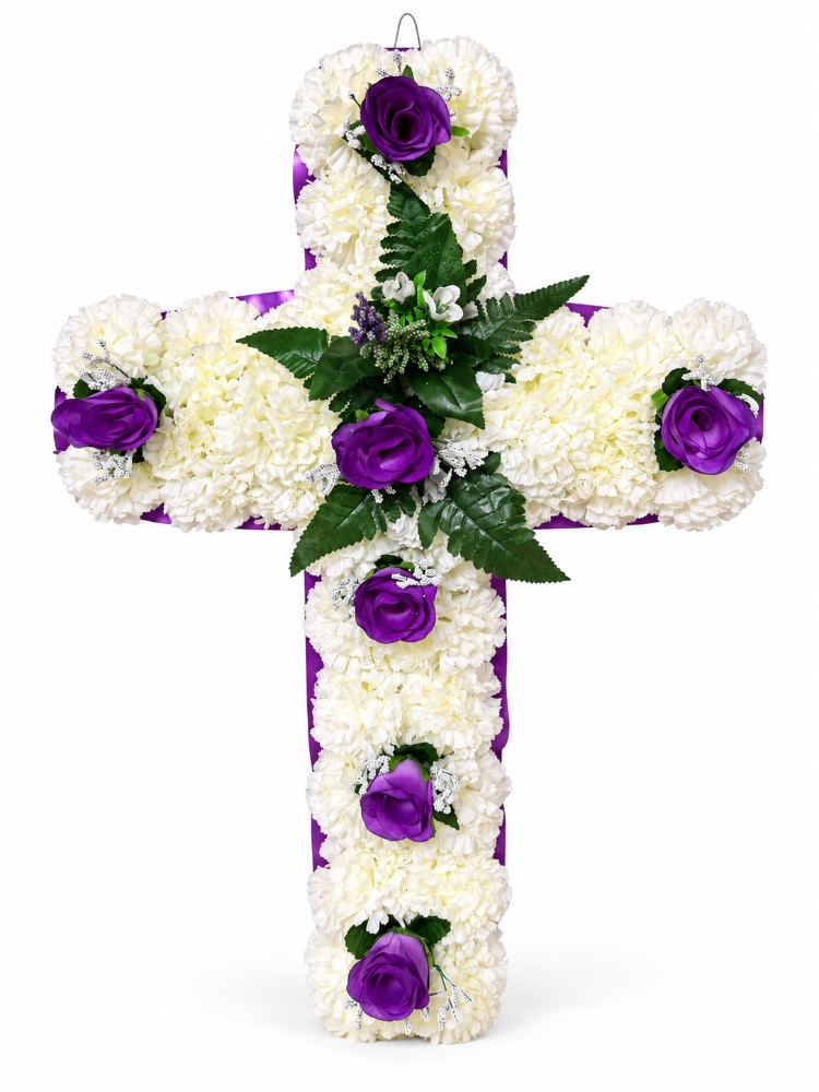 Artificial Floral Memorial Cross — Purple
