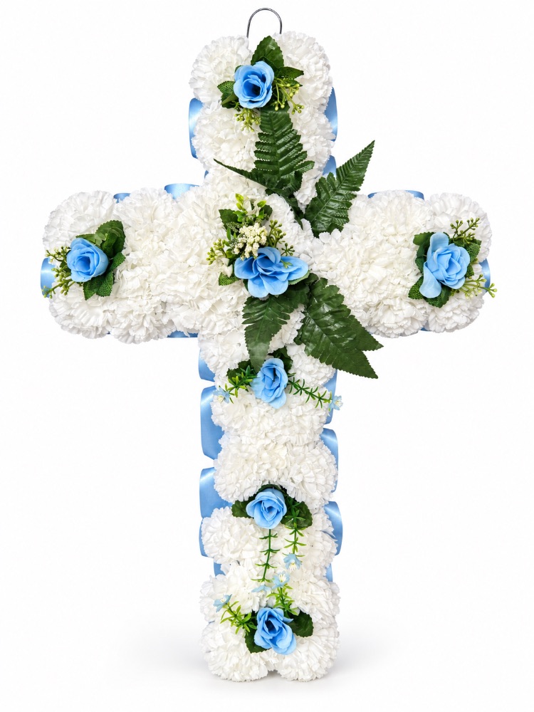 Artificial Floral Memorial Cross — Baby Blue